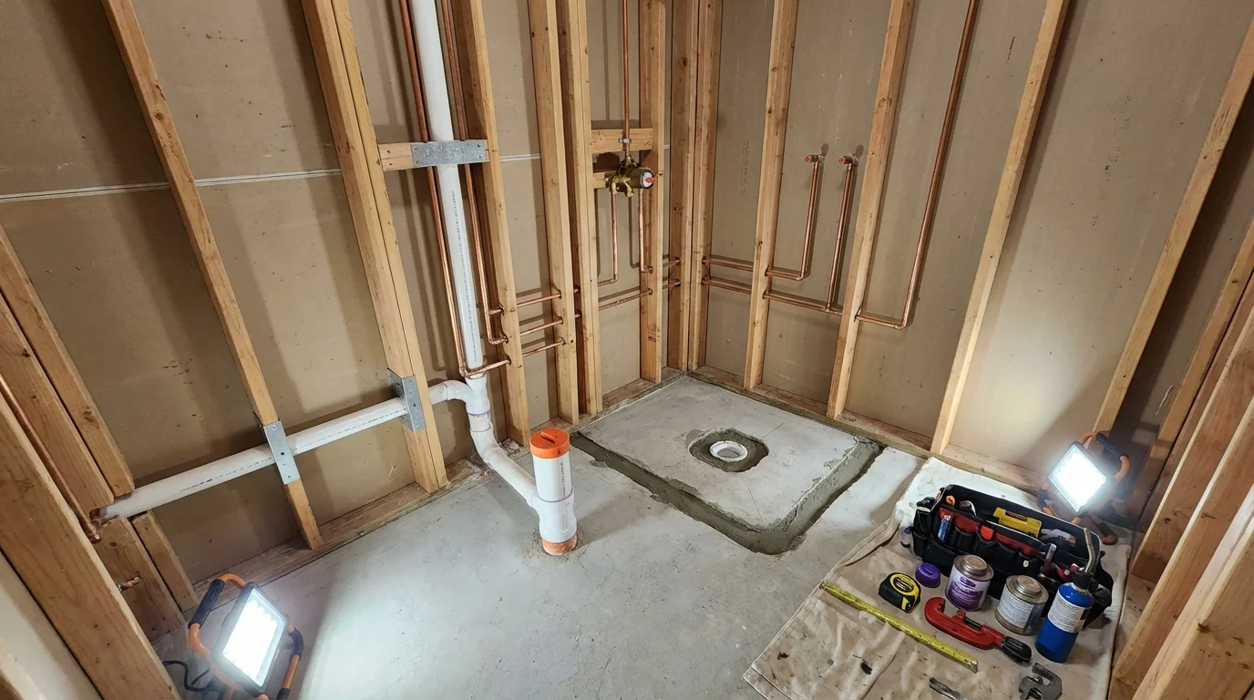 Bathroom rough-in plumbing during remodel by Johns Plumbing LLC in Fordyce