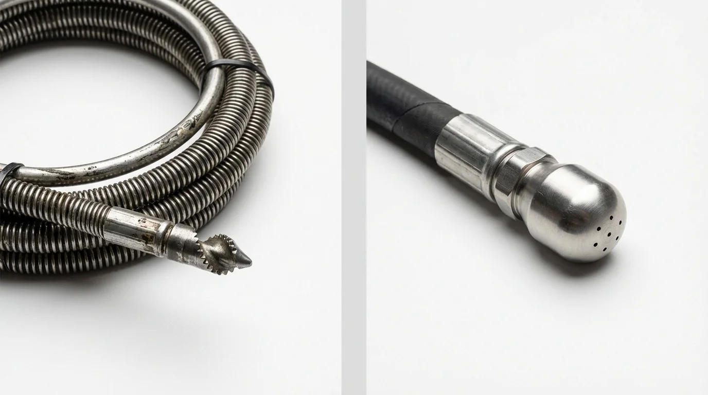 Drain snake cable and hydro jetting nozzle used for drain cleaning in Fordyce, AR