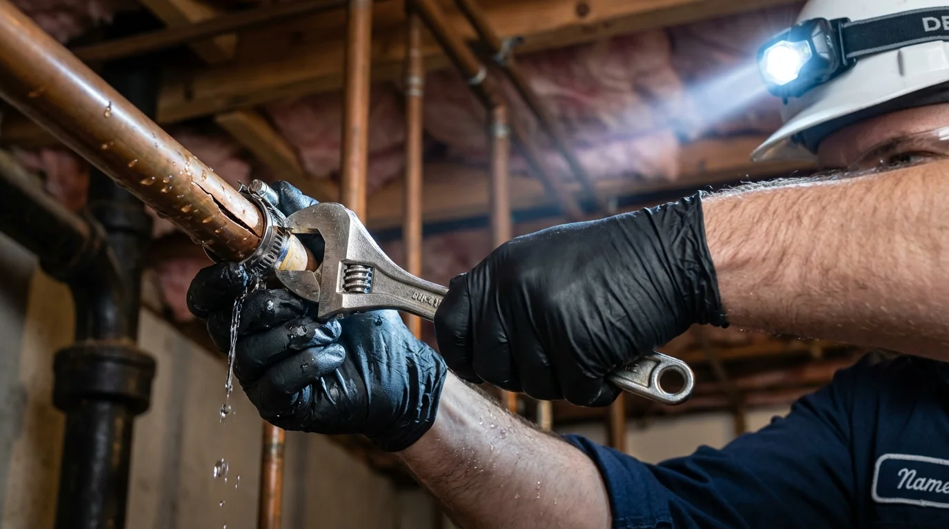 Emergency pipe clamp repair being performed by a Johns Plumbing LLC plumber in Fordyce