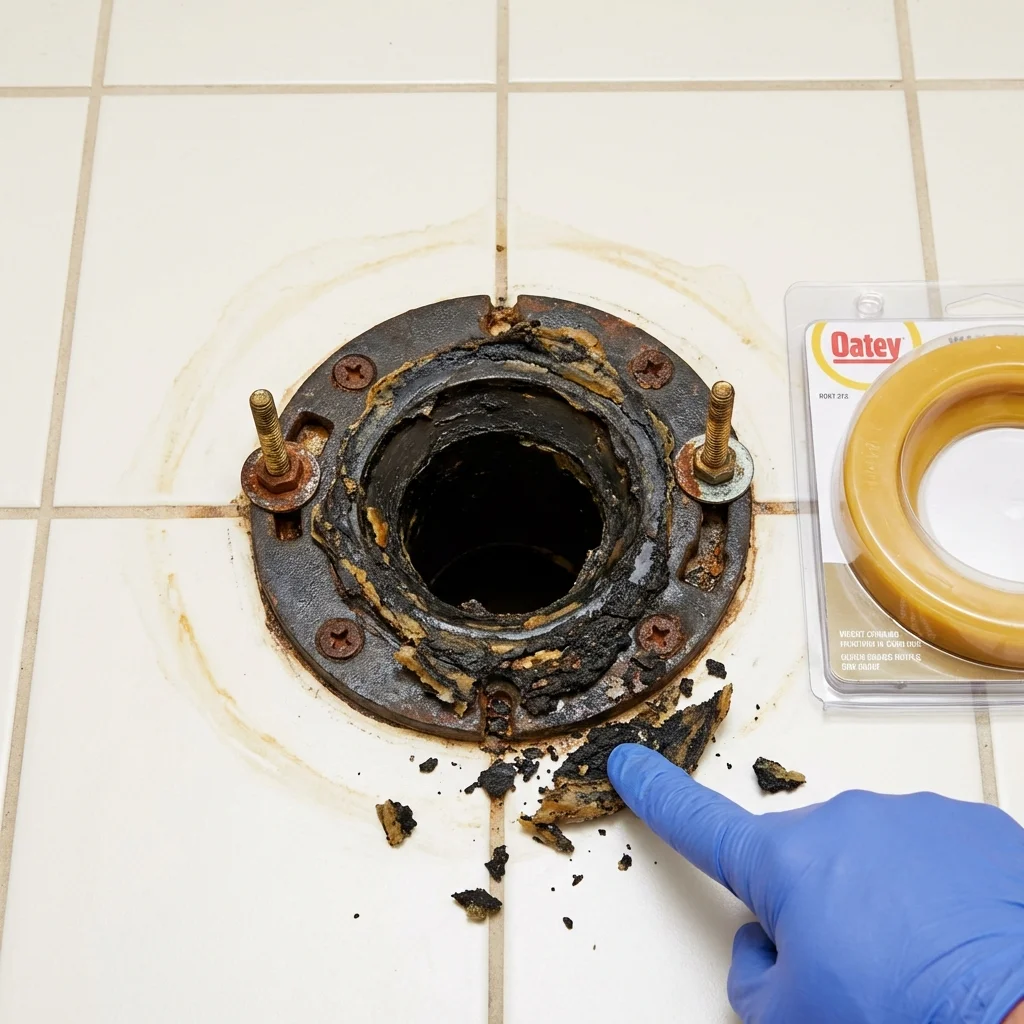 Failed wax ring showing water seepage at the base of a toilet in a Fordyce, AR home
