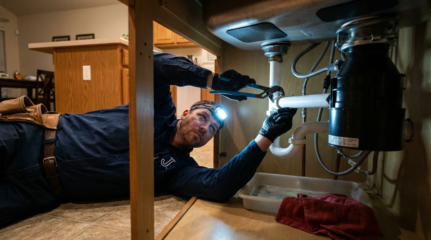 P-trap and supply line connections under a kitchen sink showing a common leak point in Fordyce, AR